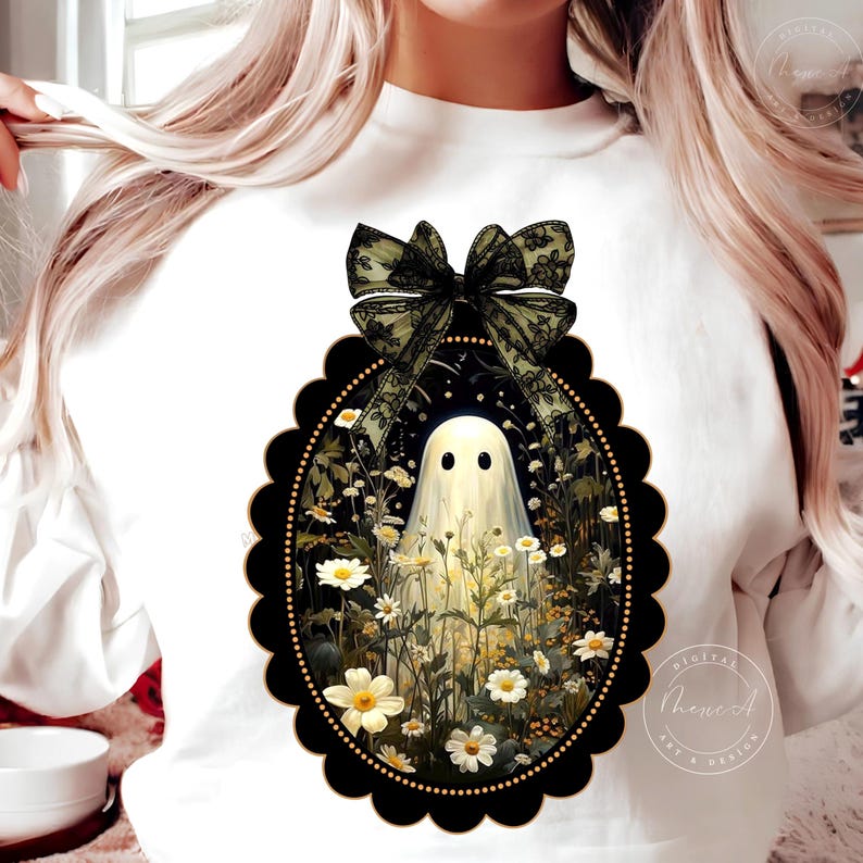 Coquette Bow Cottagecore Ghost PNG - Vintage Daisy Floral Sublimation Design, Spooky Vibes Shirt DTF file, Girly Halloween Tee, Downloading image 5