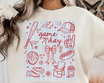 Retro Striped Baseball PNG, Doodle Sport Sublimation, Game Day Png, Hand draw Design, Baseball Mom png, Coquette Bow png, Digital Download