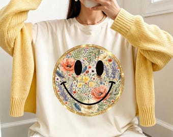 Floral Smiley Face PNG | Retro Y2K Glitter Flower Design | Aesthetic Sublimation T-Shirt Graphic | Summer Tee  Digital Download