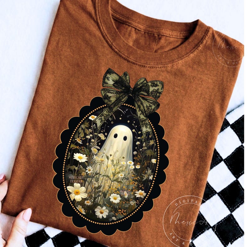 May include: A rust-colored t-shirt featuring a graphic of a white ghost standing in a field of white daisies, enclosed within a black scalloped oval frame topped with a large, detailed green lace bow. The text Mericade Designs is visible.