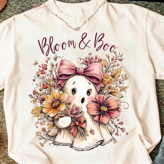 Coquette Floral Ghost PNG, Retro Pink Bow Ghost, Halloween Sublimation, Trendy Girly Boo Design, Fall Shirt Graphic, DTF, Digital Download