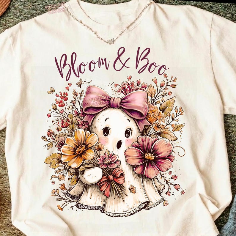 Coquette Boo Ghost PNG, Floral Pinky Ghost, Retro Halloween Sublimation, Trendy Girly Boo Design, Fall Shirt Graphic, DTF, Digital Download image 1