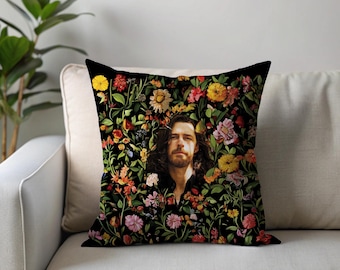 Almohada floral Hozier, almohada cuadrada de poliéster hilado, cojín decorativo, regalo para amantes de la música, decoración del hogar, almohada floral decorativa