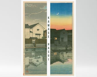 Kawase Hasui Art, Art Prints, Japanese Woodblock Print, Matte Vertical Posters, Cloudy Day at Matsue, Crescent Moon, Izumo Province