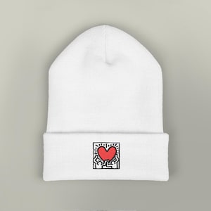 Beanie, Keith Haring men holding heart, Embroidered Beanie Hat, Retro Fashion Accessories, Street Art Lover Gift, Hipster Beanie, Unique image 1