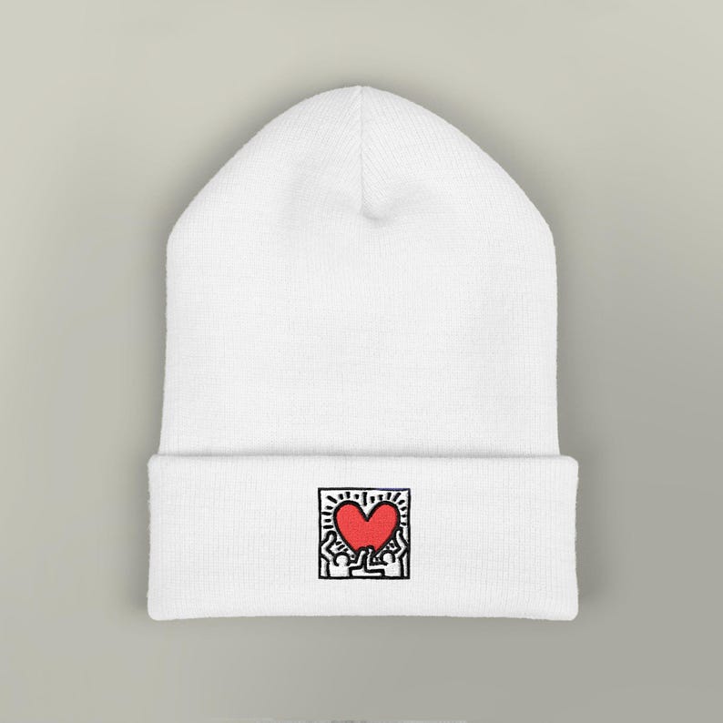 Beanie, Keith Haring men holding heart, Embroidered Beanie Hat, Retro Fashion Accessories, Street Art Lover Gift, Hipster Beanie, Unique image 1