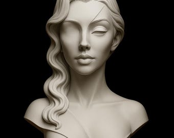 May include: A sculpted bust of a woman with flowing hair and a serene expression. The off-white sculpture features detailed facial features, including closed eyes and a subtle smile. The bust is set against a dark background.