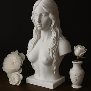 May include: A white plaster bust of a woman with long, wavy hair. The bust is on a square base and is accompanied by white roses and a small vase with a single white rose. The background is dark.