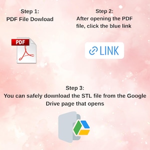 May include: A graphic with instructions for downloading a file. Step 1: Download a PDF file. Step 2: Click the blue link after opening the PDF. Step 3: Download the STL file from the Google Drive page.