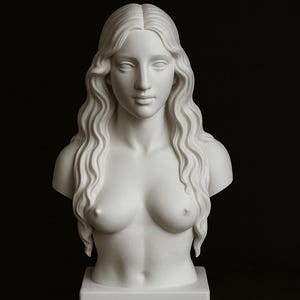 May include: A white bust sculpture of a woman with long, wavy hair. The sculpture is a torso, resting on a square base and a round wooden stand. The background is a dark, solid colour.