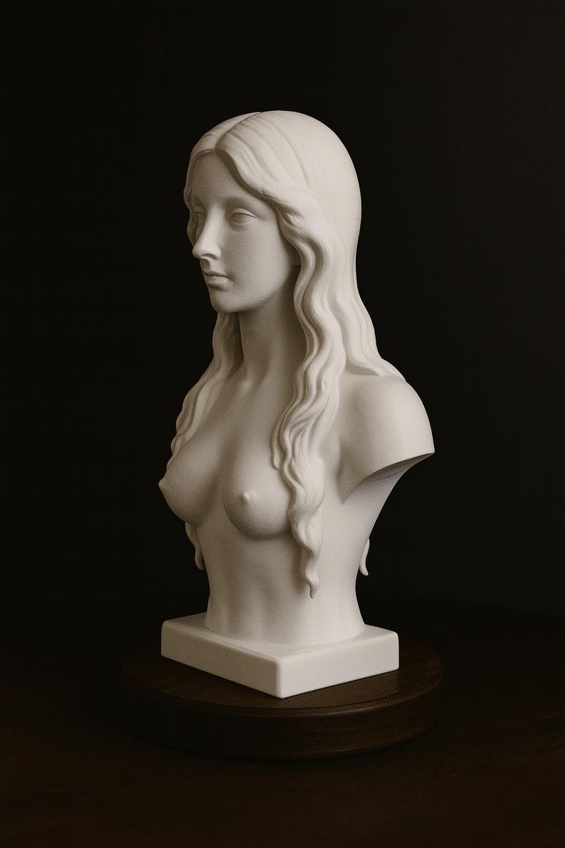May include: A white bust sculpture of a woman with long, wavy hair. The sculpture is a classical style, with the woman's shoulders and chest visible. The bust is mounted on a square base and a round wooden stand.