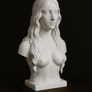 May include: A white bust sculpture of a woman with long, wavy hair. The sculpture is mounted on a dark wooden base. The woman's shoulders and upper chest are visible, with a detailed depiction of her facial features.