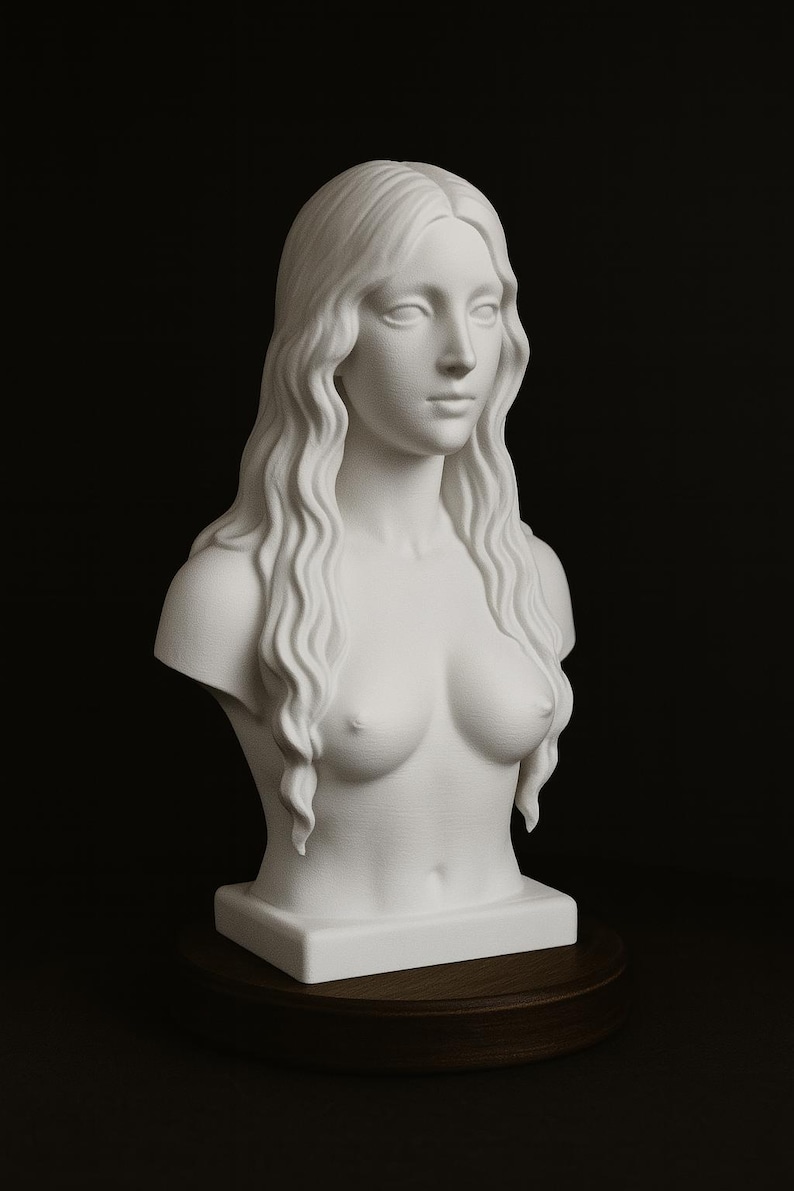 May include: A white bust sculpture of a woman with long, wavy hair. The sculpture is mounted on a dark wooden base. The woman's shoulders and upper chest are visible, with a detailed depiction of her facial features.