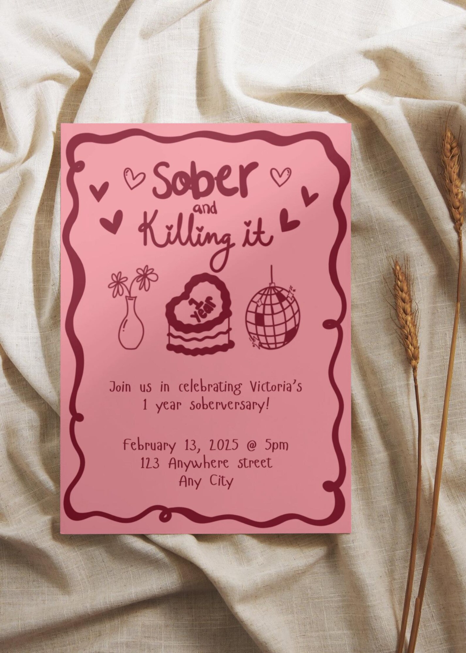 Soberversary Party Invitation, 1 Year Sober Celebration (digital ...