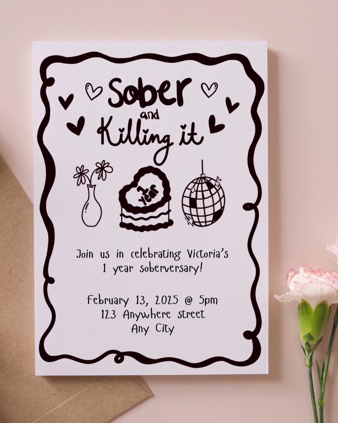 Soberversary Invitation, Black and White, One Year Sober, 1st Sober ...
