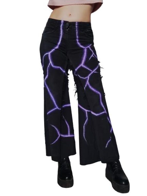Fashionable Wide Legged Pants With Lightning Print, Raw Edges
