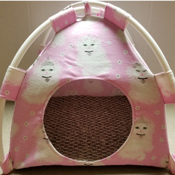 Pup Tent Style Pet Bed for Small Animals Pink Princess Kitty Cotton Flannel Fabric Small (up to 12lbs.) or Large ( up to 22 lbs.)