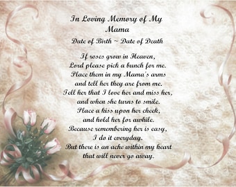 In Memory of your Mama /  Mom or Mother ~ If Roses Grow in Heaven ~ Rose Bouquet with Lace Background Personalized Sympathy Poem Print