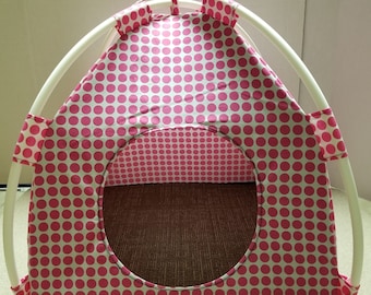 Pup Tent Style Pet Bed for Small Animals White with Pink Polka Dots Cotton Fabric Small (up to 12lbs.) or Large ( up to 22 lbs.)