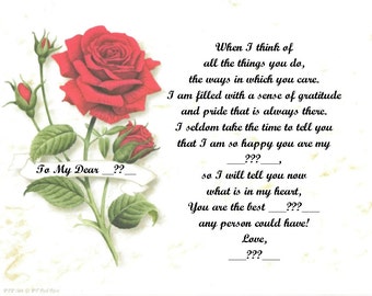 Rose Print in Red, Yellow or Pink Personalized Poem Print over 30 Relative Options available for Mother's Day Gift/Christmas/Birthday Gift