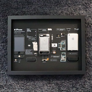 Framed Disassembled iPhone 1st Gen (2G) - Retro Tech Wall Art - Matte Black Background - Apple Collector Gift - Office Decor