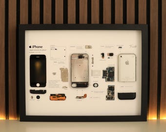 Framed Disassembled iPhone 1st Gen (2G) - Retro Tech Wall Art - White Background