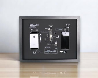 Framed Disassembled iPhone 5S - Retro Tech Wall Art - Matte Black Background
