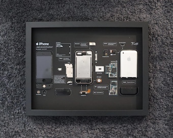 Framed iPhone 1st Gen (2G): Disassembled Tech Wall Art - Matte Black Background