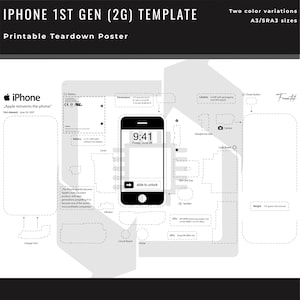 Può includere: Un diagramma in bianco e nero del modello iPhone 1st Gen (2G), con il testo "IPHONE 1ST GEN (2G) TEMPLATE" e "Printable Teardown Poster". I componenti interni del telefono sono etichettati, tra cui la batteria, la fotocamera e la scheda logica. Lo schermo mostra "9:41 Venerdì 29 giugno".