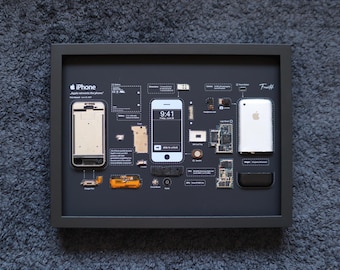 Framed Disassembled iPhone 1st Gen (2G) - Retro Tech Wall Art - Matte Black Background