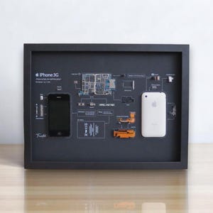 Framed Disassembled iPhone 3G - Retro Tech Wall Art - Matte Black Background