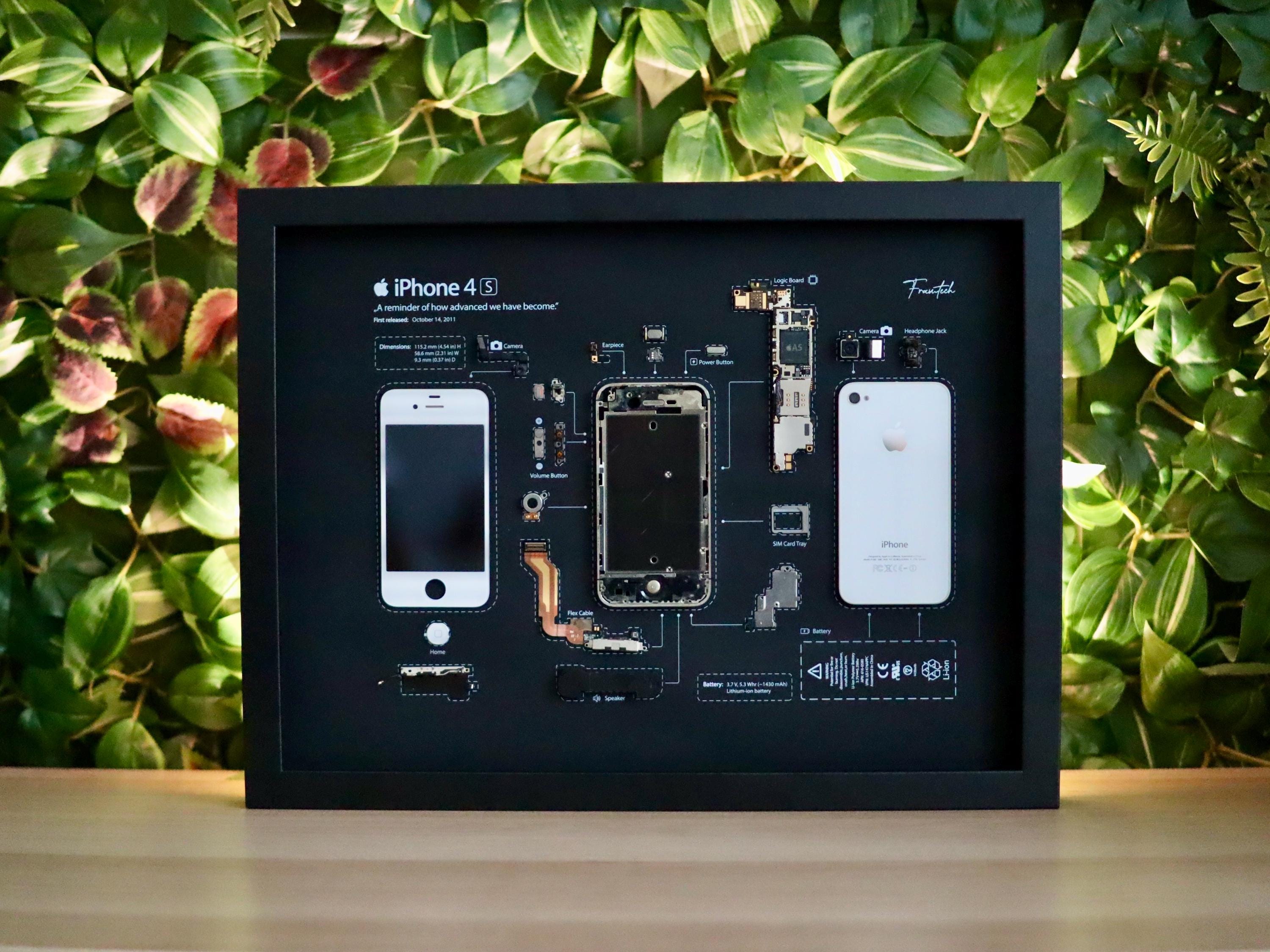 Framed Disassembled iPhone 4S - Retro Tech Wall Art - Matte Black Background