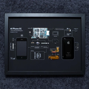 May include: A framed diagram of an iPhone 3G, displaying its internal components. The black and white illustration includes the phone's outline, circuit board, and other parts, with the text "iPhone 3G" at the top.