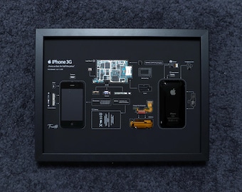 Op de afbeelding: Een ingelijst diagram van een iPhone 3G, met de interne componenten. De zwart-wit illustratie bevat de omtrek van de telefoon, de printplaat en andere onderdelen, met de tekst "iPhone 3G" bovenaan.