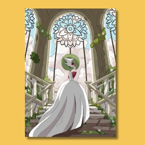 May include: A green and white Pokemon character in a white gown stands in a stone building with stained glass windows. The character is surrounded by greenery and flowers.