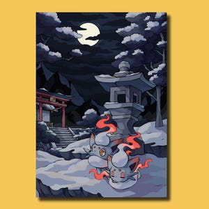 Puede incluir: Dos Pokémon blancos con forma de zorro con llamas naranjas están durmiendo en la nieve bajo una linterna de piedra. Una puerta torii roja y una luna llena están en el fondo.