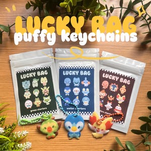 May include: Three "Lucky Bag Puffy Keychains" are displayed, each with a different theme: grass, water, and fire starters. The bags are white with a black and white checkered border and the words "Lucky Bag". Each keychain is a colorful cartoon character.