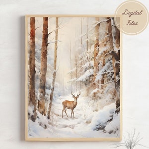 Snowy Forest Printable Wall Art, Reindeer Digital Art for Christmas & Holiday Decor, Instant Download Winter Scene