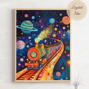 Cosmic Train Adventure - Vibrant Kid Wall Art, Whimsical Journey Through Stars & Planets Decor, Digital Nursery Art, Imagination Print