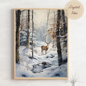 Snowy Forest Printable Wall Art, Reindeer Print, Winter Scene Digital Art, Christmas & Holiday Home Decor, Festival Decor, Instant Download