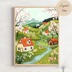 Idilliaco villaggio primaverile - Stampa artistica digitale murale di paesaggi di campagna in fiore, decorazioni per la casa e l'ufficio, arte di campi primaverili