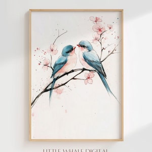 Love Birds on Branch Art Print, Valentines Day Print, Romantic Printable Wall Art, Lovebird Decor, Valentines Gift, Instant Digital Download