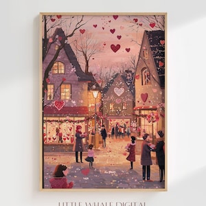 Cute Valentines Day Print, Printable Valentine Town Wall Art, Valentines Day Painting, Romantic Canvas, Valentines Gift, Digital Download