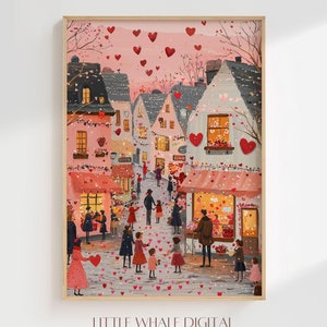 Printable Valentines Day Print, Cute Valentine Town Wall Art, Valentines Day Decor, Romantic Canvas, Valentines Gift, Digital Download