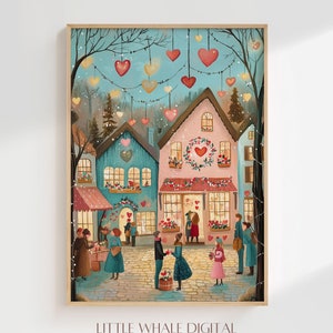 Valentines Day Couple Print, Printable Valentines Town Wall Art, Romantic Love Art, Anniversary Gift, Wedding Decor, Digital Download