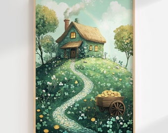 Whimsical St. Patrick Cottage Wall Art, St. Patricks Day Field Print, Printable Spring St. Patrick Art,  Green Home Decor, Digital Download