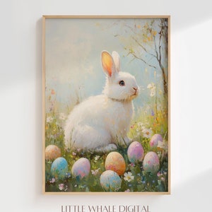 Printable Spring Easter Bunny Rabbit Wall Art, Whimsical Easter Eggs Print, Bright Spring Home Decor, Seasonal Art Gift, Digital Download