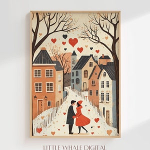 Romantic Valentines Day Couple Print, Printable Valentines Town Wall Art, Love Art, Anniversary Gift, Wedding Decor, Digital Download
