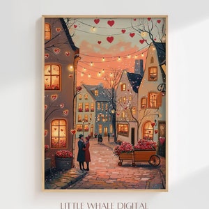 Valentines Day Couple Print, Printable Valentines Town Wall Art, Romantic Roses Love Art, Anniversary Gift, Wedding Decor, Digital Download
