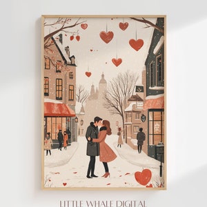 Valentines Day Couple Print, Printable Valentines Town Wall Art, Romantic Love Art, Anniversary Gift, Wedding Decor, Digital Download
